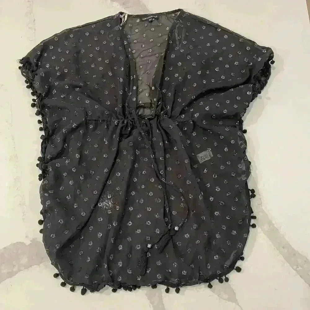Club Z Collection Black Sheer Cinch Waist Pompom Trim Swim Cover Up Women Medium